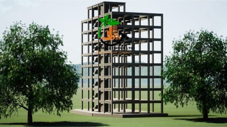 Three-dimensional structural model of a multi-storey reinforced concrete frame showing columns, beams and floor slabs