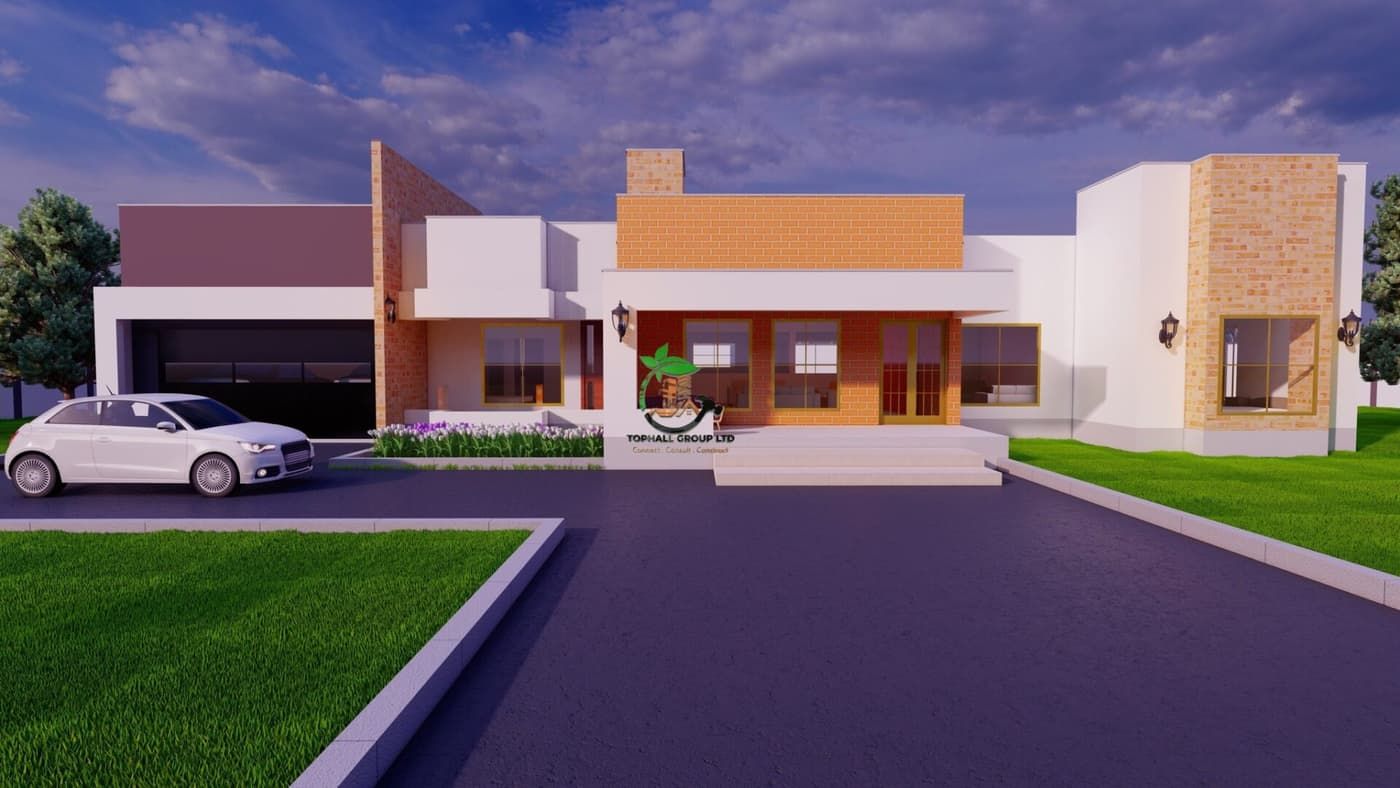 Architectural visualisation of a single-storey bungalow with white rendered walls, face-brick feature panels, a covered porch and an attached garage