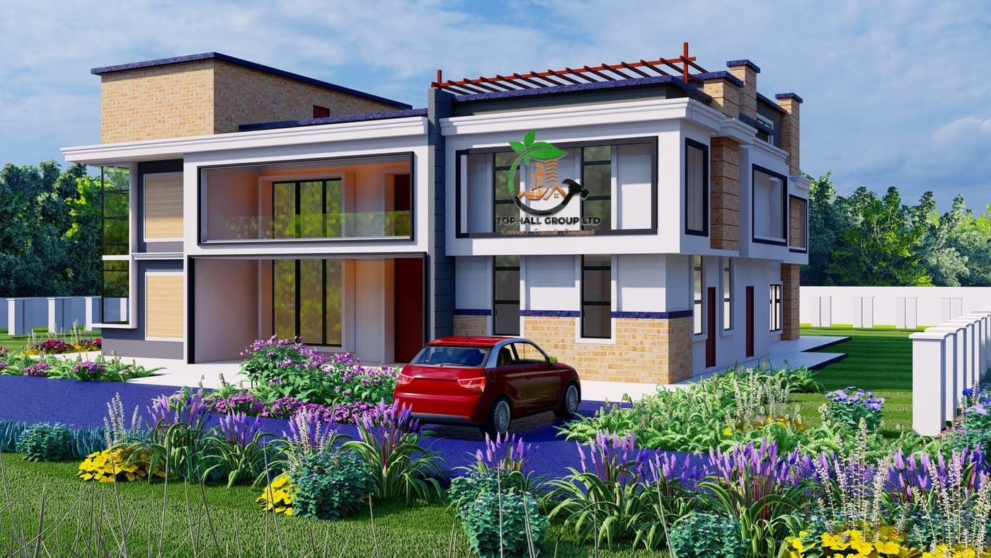 Architectural visualisation of a modern two-storey family home with white render, stone-clad columns, large glazed openings and a roof pergola