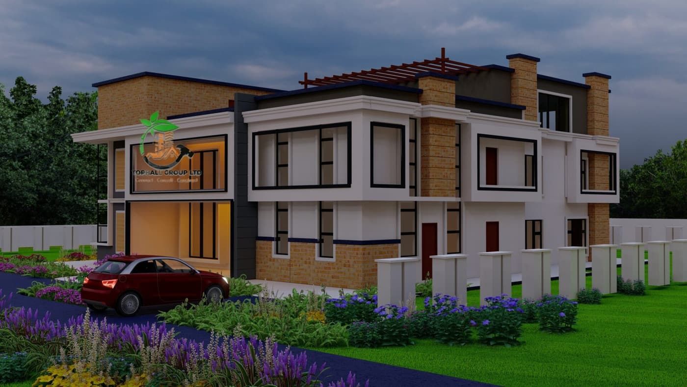 Evening architectural visualisation of the same two-storey home, with interior lighting showing through the glazed ground floor